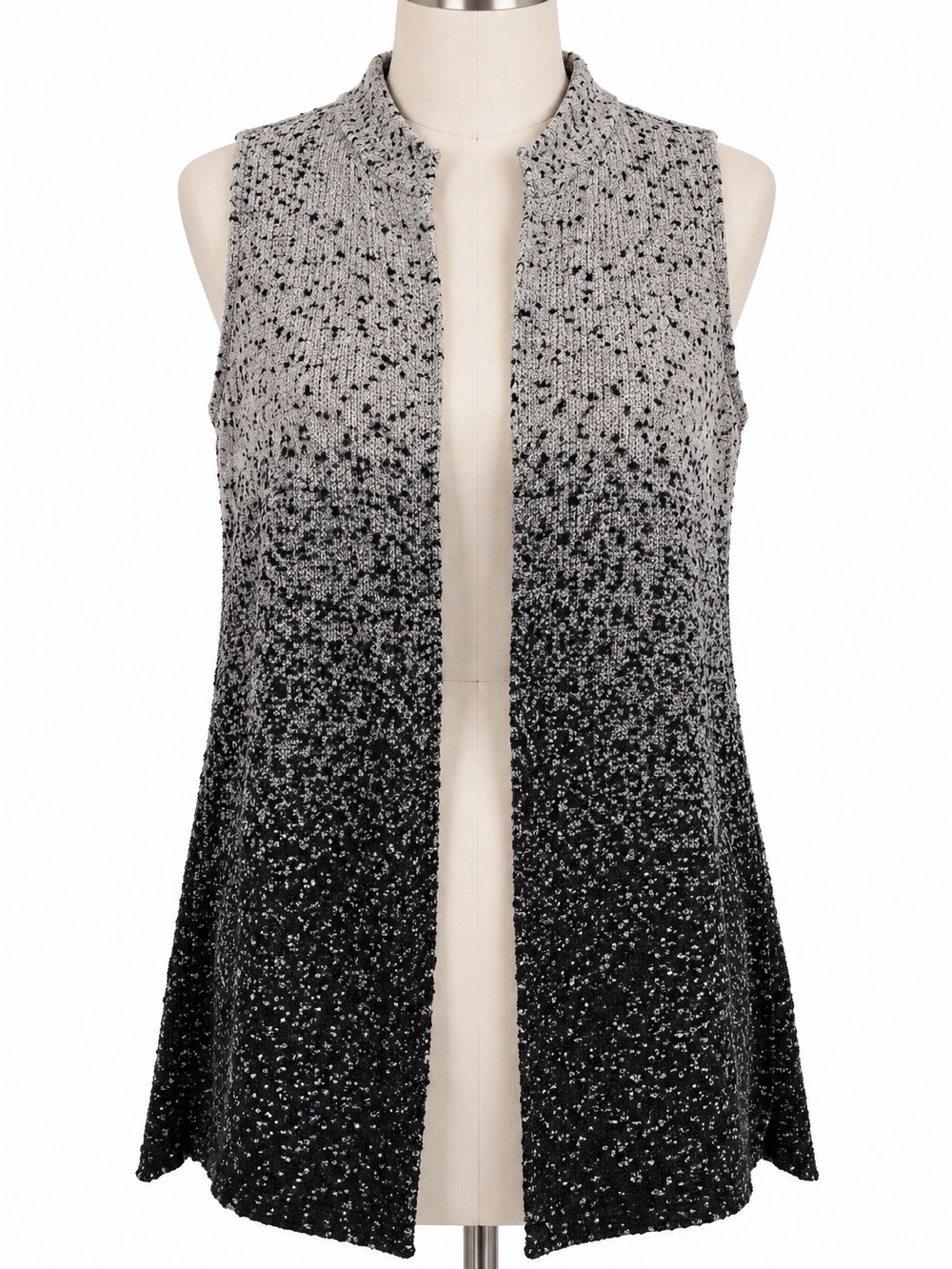 Kiyo Vest Womens Smallโ Gray Black Sleeveless Open Front Ombre Knit Made USA